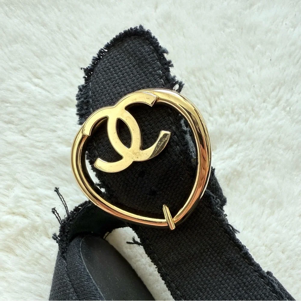 CHANEL Authentic Sandals Canvas Black Gold Color Coco Wedges Size 40 EU or 10 US